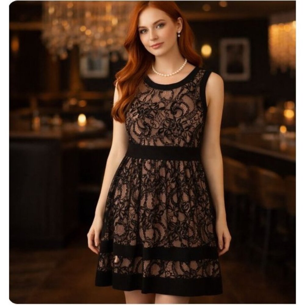 Candalite Womens Black Nude Fit Flare Lace Dress Large Party Cocktail Whimsigoth